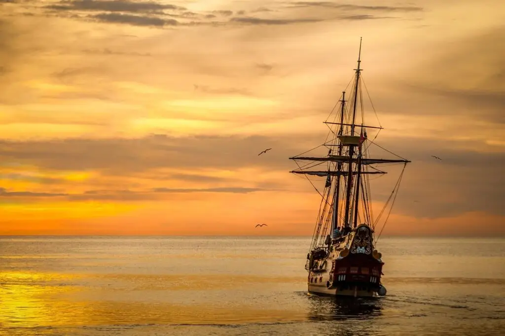 sunset, ship, sails, boat, sea, ocean, horizon, seascape, nature, dusk, twilight, sailing ship, masts, windjammer, sailing