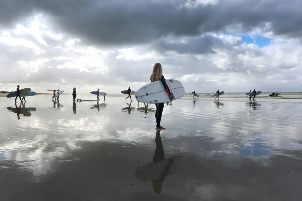 surfers, beach, afternoon, nature, surfing, sea, clouds, cloudy day